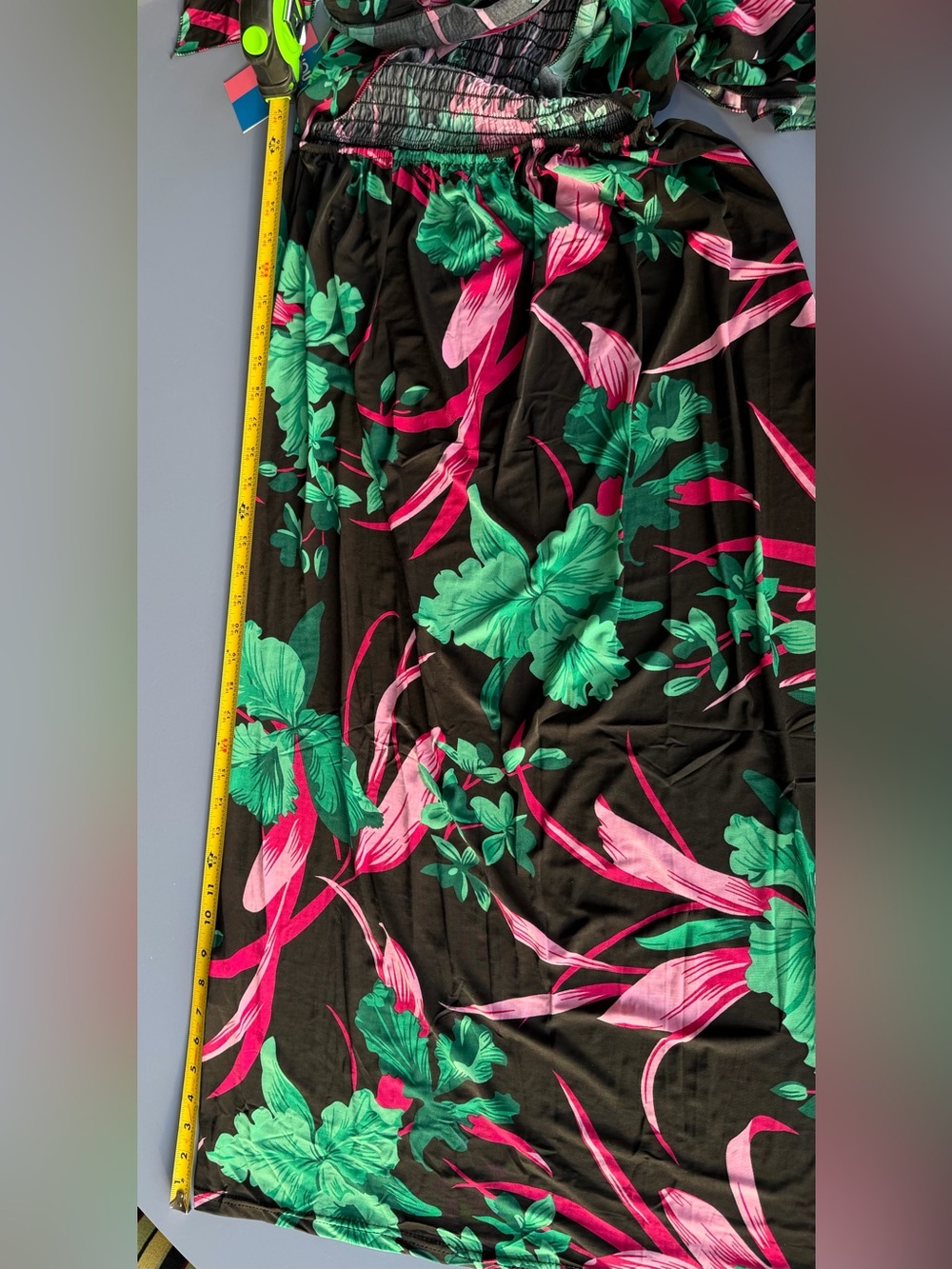 Tropical Floral Off-Shoulder with Front Tie Maxi Dress - Green & Pink - Picture 7 of 13